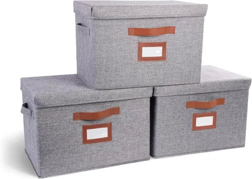 Vista 8 de Paquete de 3 cajas de almacenamiento grandes de tela con tapas (15.75 x 11.25 x 11.25 pulgadas), contenedor decorativo con tapa, soporte