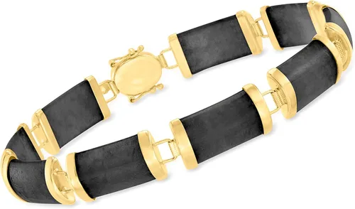 Vista 3 de Ross-Simons Pulsera de jade negro "Good Fortune" en oro amarillo de 14 quilates, Gema, Jade