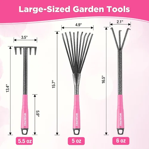 Vista 3 de WORKPRO Juego de herramientas de jardín rosa de 6 piezas, herramientas manuales de jardinería resistentes con mango de goma suave, incluyendo