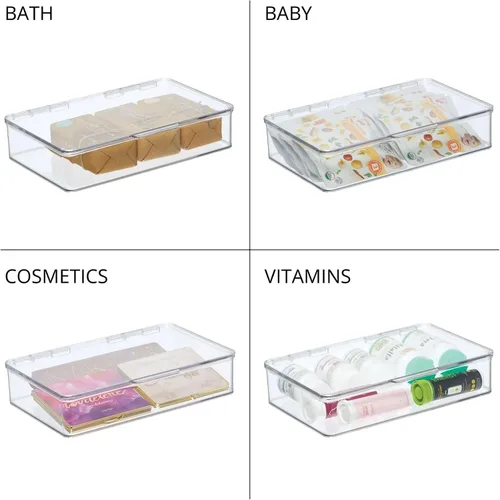 Vista 7 de mDesign Organizador de almacenamiento apilable de plástico con tapa con bisagras para baño, gabinete, cajón, debajo del fregadero, organización