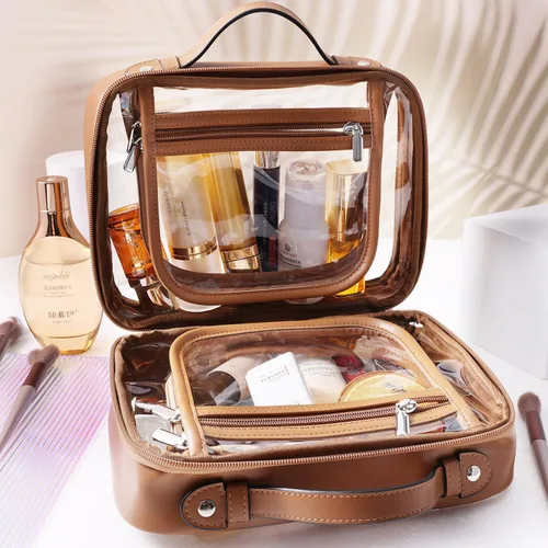 Vista 2 de SANHECUN Neceser de viaje Estuche grande transparente para cosméticos bolsa de maquillaje (marrón, pequeño)
