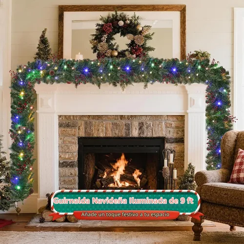 Vista 7 de Guirnalda de Navidad con luces de 9 pies, guirnalda de Navidad iluminada, funciona con pilas, 8 modos de iluminación, 50 luces LED, guirnalda