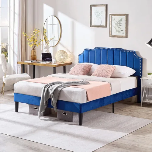 Vista 4 de VECELO Base de cama tamaño matrimonial tapizada con cabecera ajustable copetuda/base de colchón con soporte de listones de madera, fácil montaje