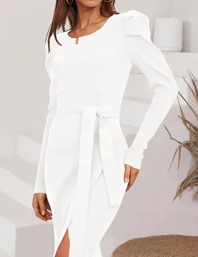 Vista 4 de ZESICA Women's 2024 Long Sleeve Sweater Dress Ribbed Knit Crew Neck Tie Waist Bodycon Slit Midi Dresses