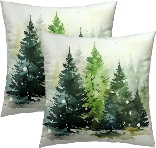 Vista 34 de Fundas de Almohada de Bosque de Pinos 22x22 Juego de 2, Fundas de Almohada Decorativas de Árboles de Abeto y Cedro Verde Nieve Beige de Invierno