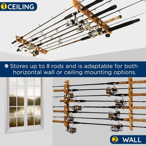 Vista 4 de Rush Creek Creations 8 Fishing Rod Wall or Ceiling Storage Rack, Vertical or Horizontal Holder for Garage, 8 Rod and Reel Combo Capacity