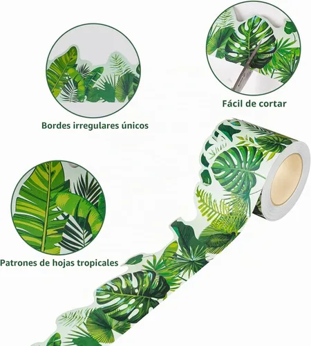 Vista 2 de 66 pies de bordes para tablero de anuncios, borde laminado recto con patrones de hojas tropicales verdes para decoración de pizarra de regreso a