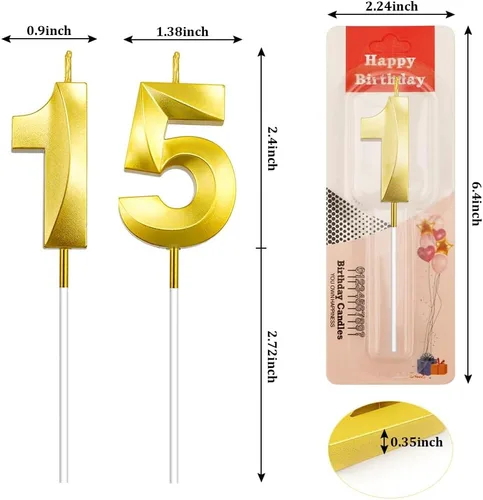 Vista 2 de Velas doradas de cumpleaños de 15 y 51, perfectas para decoraciones de cumpleaños de 15 y decoración de pasteles