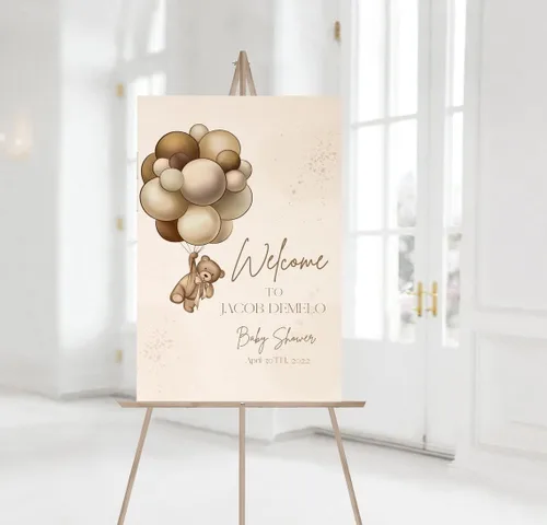 Vista 8 de Globo de aire caliente azul Boho Bear Can Bearly Wait Welcome Sign Decoración, descarga instantánea, letrero de plástico