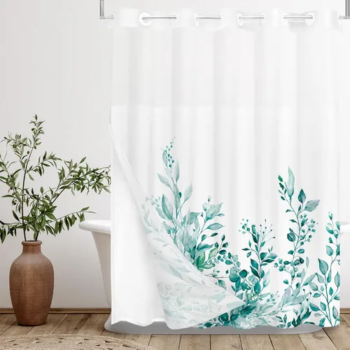 Vista 68 de Tititex - Juego de cortinas de ducha de eucalipto negro, hojas de acuarela gris en la parte superior, con decoración floral de baño, 60 x 72