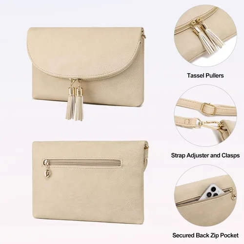 Vista 4 de Solene Bolso de mano para mujer, con múltiples compartimentos, 6 ranuras para tarjetas en el interior, bolsa cruzada con borlas