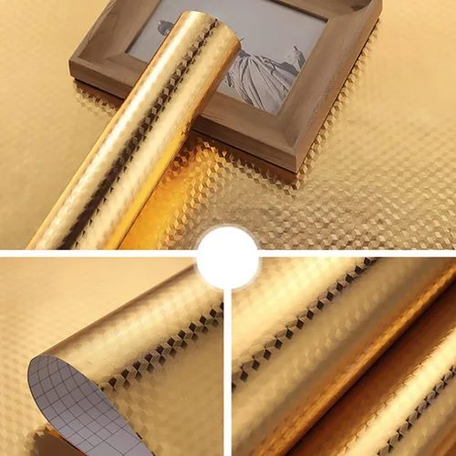 Vista 4 de Papel tapiz de aluminio impermeable y resistente al aceite para despegar y pegar, protector contra salpicaduras autoadhesivo dorado para encimeras