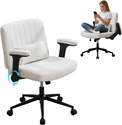 Vista 16 de IPKIG Silla cruzada con brazos abatibles ajustables, silla de tocador con ruedas, cómoda silla de escritorio con almohada lumbar, silla de oficina