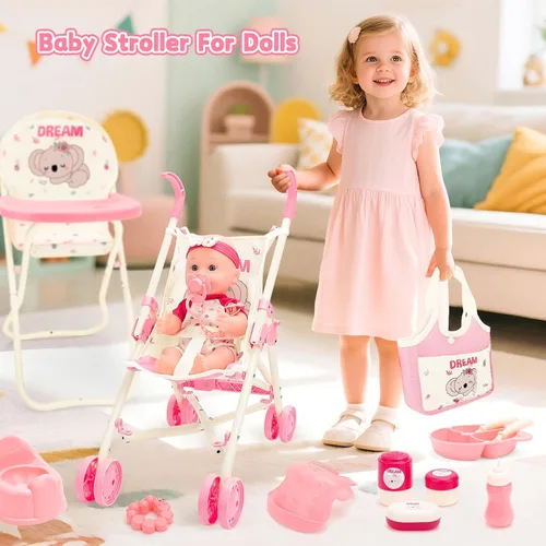 Vista 5 de deAO Juguetes de Cochecito de Muñeca Bebé con Muñeca Bebé de 12" Accesorios Cama de Cuna Silla Alta Conjunto de Juego de Roles de Guardería Tapete