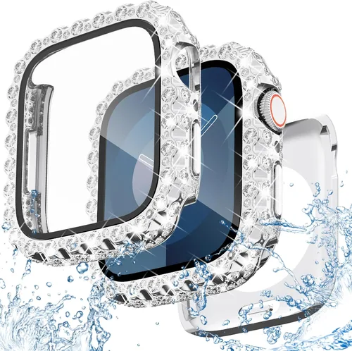 Vista 14 de NewWays Funda impermeable 2 en 1 de 1.575 pulgadas para protector de pantalla de Apple Watch SE Series 6, 5, 4, encaje completo con diamantes