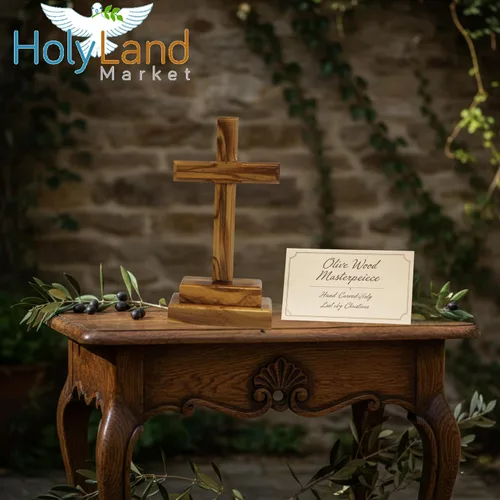 Vista 7 de Holy Land Market Cruz de altar de pie de madera de olivo de 6 pulgadas, tallada a mano en Belén por artesanos cristianos, crucifijo de mesa