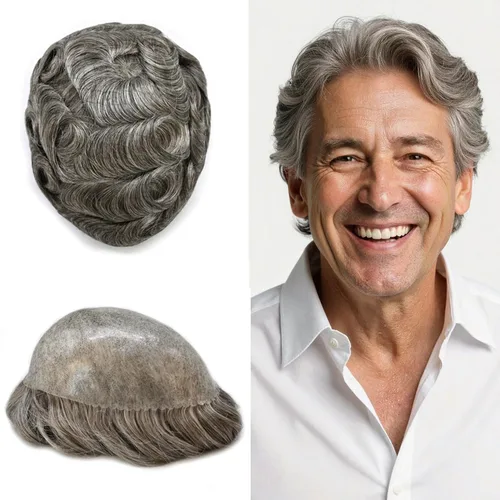 Vista 213 de Toupee para hombre 100% cabello humano real tupé para hombres 0.004 in piel de poliuretano para hombre, sistema de reemplazo de piezas de pelo