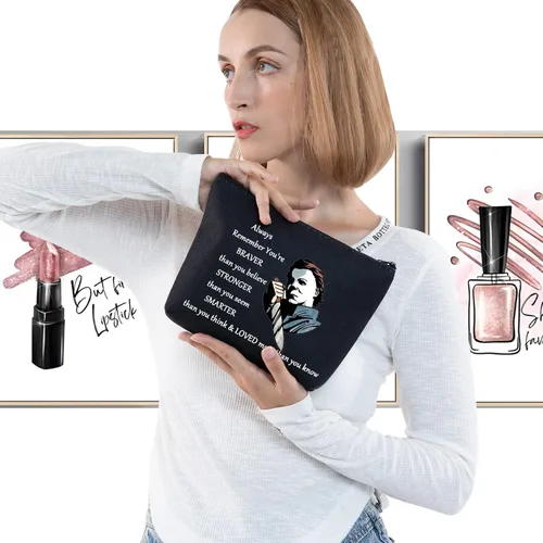 Vista 3 de LEVLO Michael Myers Bolsa de maquillaje cosmética para fanáticos de la película de terror, regalo You'Re Braver Stronger Smarter Than You Think