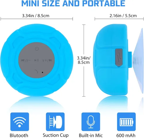 Vista 5 de Parlante Bluetooth Impermeable para Ducha Portátil, Inalámbrico, Resistente al Agua, Manos Libres con Micrófono Integrado, Ventosa para Baño