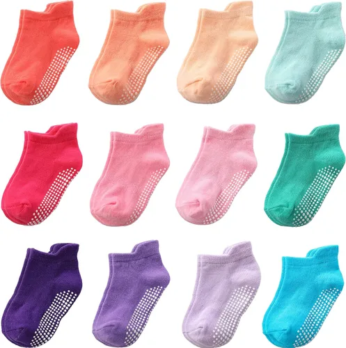 Vista 41 de Calcetines antideslizantes con agarre para tobillos, paquete de 12 unidades para niños pequeños, niños y niñas, lindos calcetines de algodón