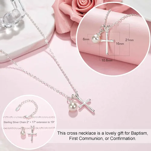 Vista 4 de Collar de plata de ley con cruz para niñas, primera comunión, bautismo, regalos de confirmación para adolescentes, joyas para niñas pequeñas