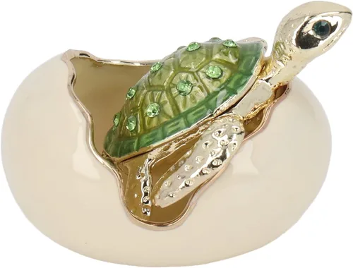 Vista 2 de Caja de baratijas de tortugas, aleación de zinc verde, hecha a mano, de metal, figura de tortugas bebés, caja de joyería para aretes de metal