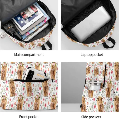 Vista 8 de Mochila de seta de 16 pulgadas Mochila de viaje ligera para portátil, vaca highland, Classic