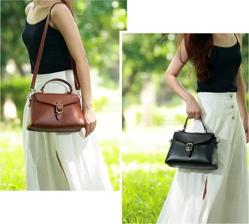 Vista 7 de Bolso vintage con solapa de cuero vegano con asa superior para mujer, bolso casual retro para el hombro, bolso clásico