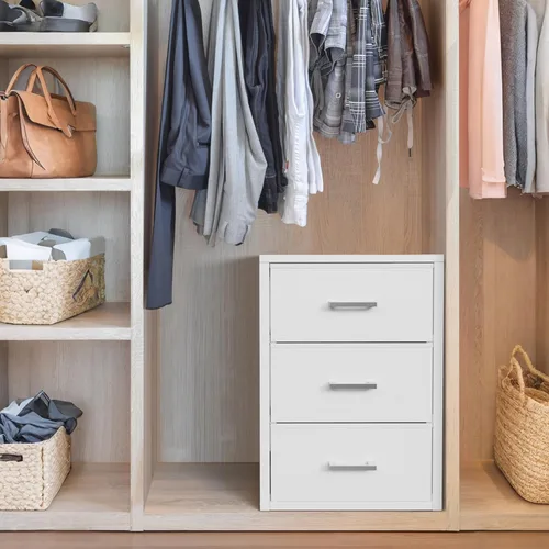 Vista 6 de BOLUO Cajones de armario blancos de tela con 3 cajones, cómoda pequeña para organizadores de armario y almacenamiento de dormitorio, estilo moderno