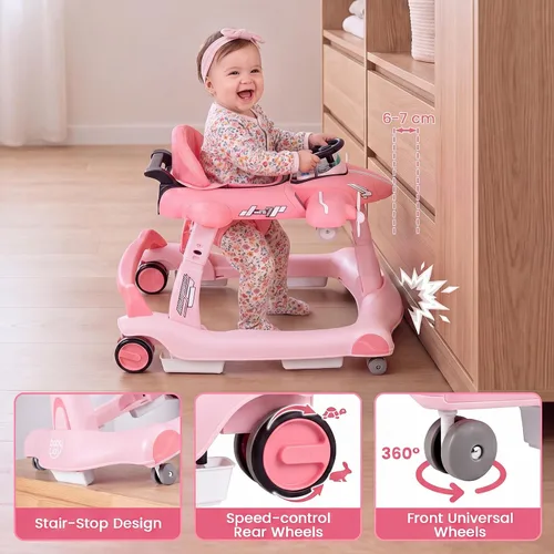 Vista 4 de BABY JOY Andador de bebé 6 en 1 con ruedas, caminador de actividad plegable Rosa
