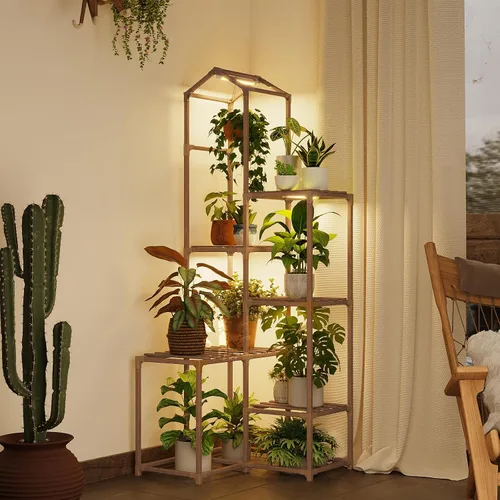 Vista 11 de Bamworld Soporte para plantas para interiores y exteriores, estante de esquina para plantas, soporte para 4 macetas, soporte para flores, estante