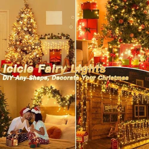 Vista 7 de Luces de carámbano para exteriores, 216 LED de 24 pies, luz de Navidad impermeable para exteriores con 8 modos y temporizador, luces de carámbano