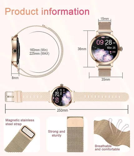 Vista 7 de Relojes inteligentes para mujer, 1.106 pulgadas AMOLED pequeña pantalla HD Smartwatch responder/hacer llamadas para teléfonos Android iOS, oro rosa