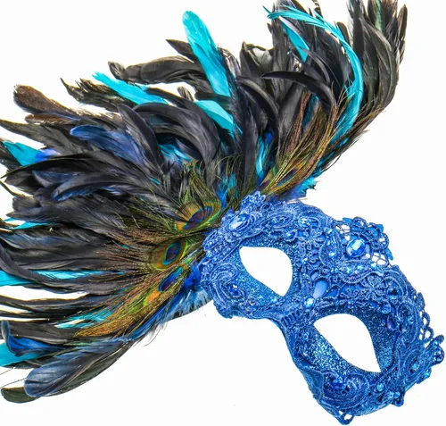 Vista 2 de Blue - Máscara de plumas de lujo para mujer, tradicional veneciana veneciana, carnaval, mascarada, Mardi Gras, baile de máscaras, media cara