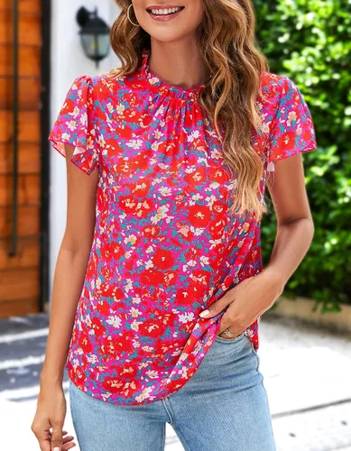 Vista 3 de SimpleFun - Blusas de verano con volantes y cuello de moca estilo bohemio para mujer, manga corta, estampado floral