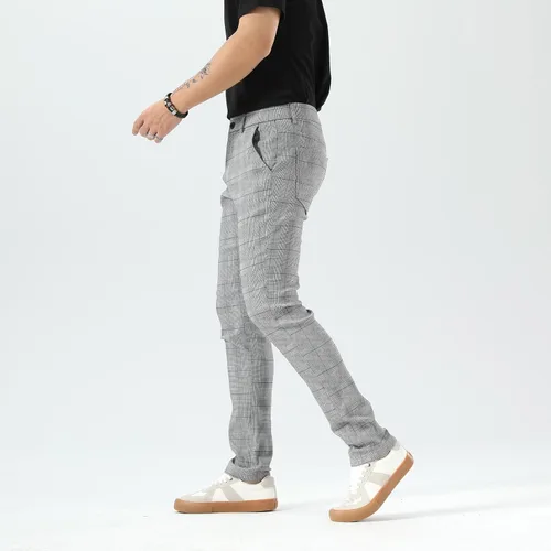 Vista 4 de Plaid&Plain Pantalones a cuadros para hombre, pantalones de vestir ajustados para hombre, pantalones chinos ajustados para hombre