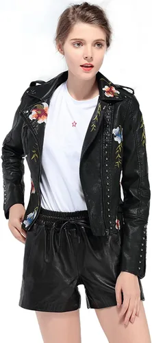 Vista 2 de LY VAREY LIN Chaqueta de cuero sintético bordado floral para mujer