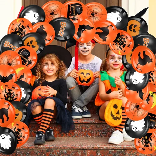 Vista 7 de Aoriher 45 globos de fiesta de Halloween, globos de látex negro naranja feliz Halloween impresos con calabaza, fantasma, murciélago, telaraña, bruja