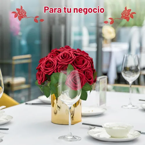 Vista 5 de 100 rosas artificiales de espuma roja oscura de aspecto real con tallos Rojo oscuro