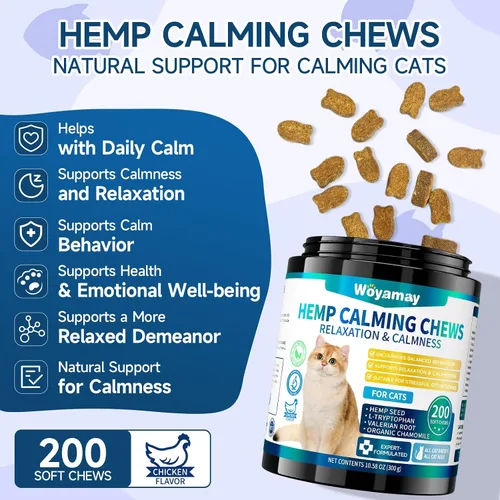 Vista 2 de Woyamay Golosinas calmantes para gatos de cáñamo, 200 golosinas masticables calmantes para gatos para la ansiedad y el alivio del estrés, golosinas