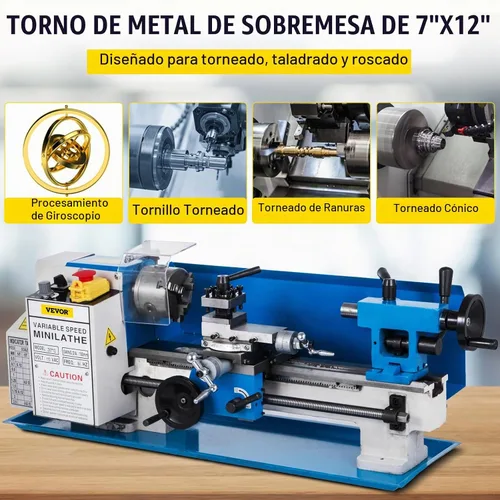 Vista 2 de VEVOR Torno de metal 7"x12", mini torno de mesa de precisión, 550W, velocidad variable de 50 a 2500 RPM, engranaje de nylon, lámpara móvil