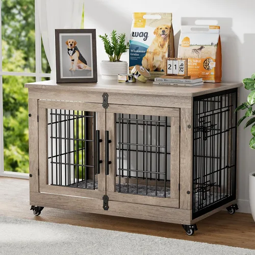 Vista 20 de YaFiti Mueble de jaula para perros con cojín, perrera de madera para interiores con puertas dobles, jaula para perros con ruedas, mesa auxiliar