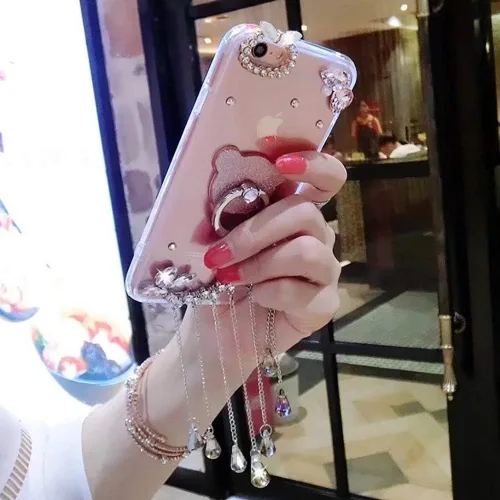 Vista 3 de LCHDA Funda con soporte de anillo para iPhone 6/iPhone 6S 4.7 Bling Glitter Crystal Diamond Luxury Sparkle Rhinestone Funda protectora transparente
