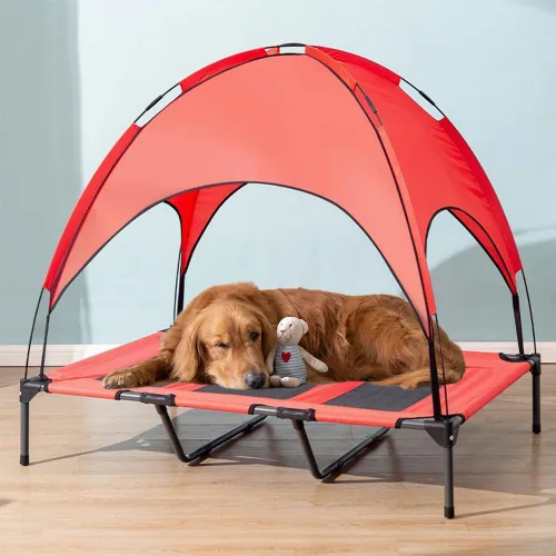 Vista 10 de Cama elevada impermeable para perros con toldo y malla de refrigeración – Cuna elevada portátil para perros grandes, tienda de campaña
