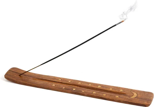 Vista 3 de Soporte de incienso de madera para palos con incrustaciones de luna creciente de latón de 10 pulgadas de largo