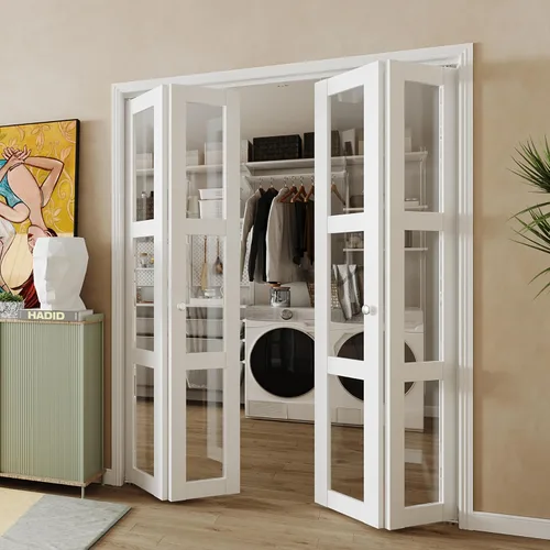 Vista 2 de BARNER HOME Puerta plegable, puerta de armario de cristal transparente de 3 lites, para apertura de 48 x 80 pulgadas, puertas plegables con kits