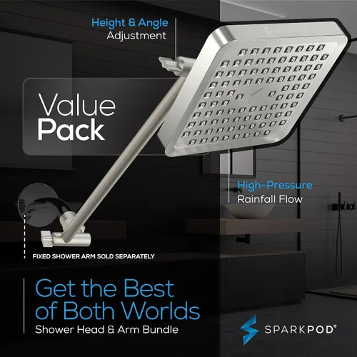Vista 3 de SparkPod Cabezal de ducha tipo lluvia cuadrado con brazo de extensión, cabezal de ducha de altura ajustable con rendimiento de alta presión, fácil