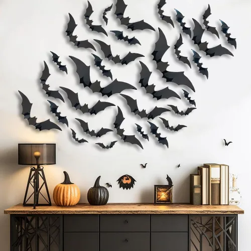 Vista 3 de 120 piezas de decoración de murciélagos de Halloween, calcomanías de murciélago 3D para interiores y exteriores, decoración del hogar, calcomanías