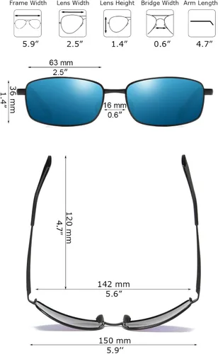 Vista 8 de ZHILE Gafas de sol polarizadas envolventes con marco de metal rectangular, estilo clásico, tamaño grande