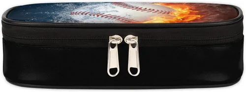 Vista 2 de Estuche de cuero blanco de béisbol 3D para lápices, organizador de papelería de gran capacidad, bolsa para lápices con agua y fuego para niños